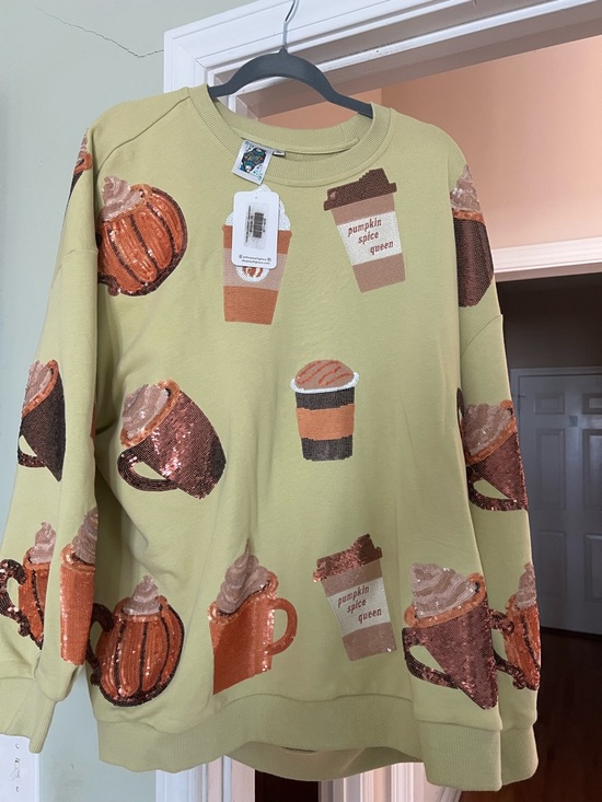 QUEEN OF SPARKLES Tops - Queens of Sparkles Pumpkin Spice Mug & Cup Sequin Sweatshirt - Green